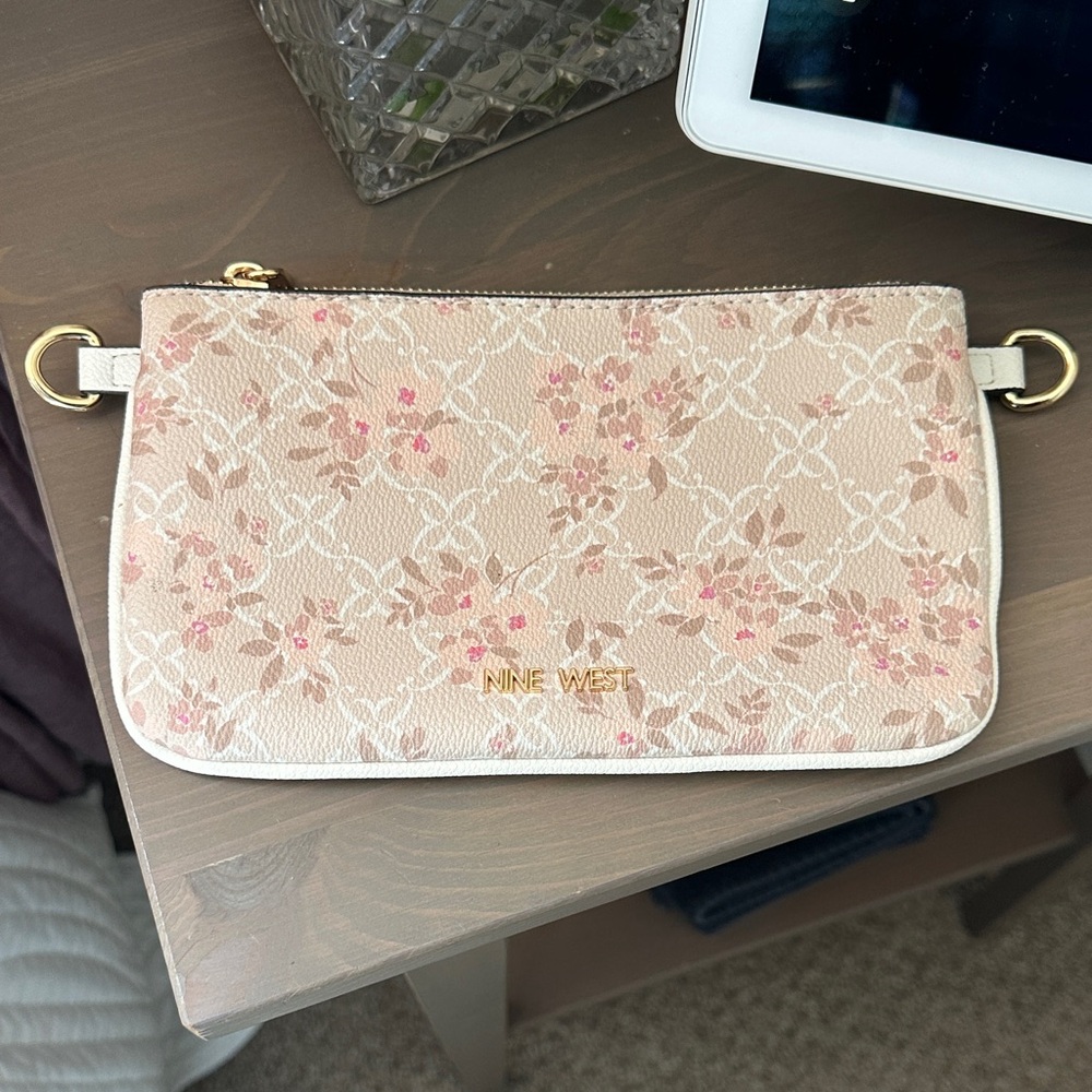 Nine West Blush Floral Wristlet Clutch with Gold-Tone Accents
